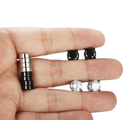 Sailimue 4 Pares Acero Inoxidable Pendientes Iman Hombre Mujer Aretes Falso Redondos Pendientes Piercing Magnetico Circonita Negro y Plata 6MM