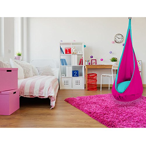 SAMAY Hamaca para Niñas - Silla Sillón Asiento Mecedora Columpio Interior y Exterior - Kit de Hamaca con Cojín para Habitación de Chicas - Rosa y Turquesa