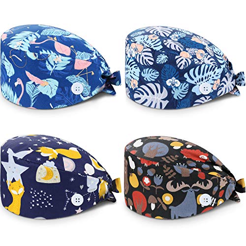 SATINIOR 4 Paquetes Gorros Quirúrgicos Gorro Turbante Estampado Gorro Matorrales Bouffant de Pelo Ajustable Gorro Médico Unisex con Banda de Sudor para Belleza Trabajador Cuidado Personal