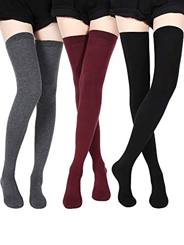 SATINIOR Calcetines Altos de Muslo Medias Extra Largas Medias de Botas Largas para Chicas Mujeres (Negro, Gris Oscuro, Rojo Vino, 3)