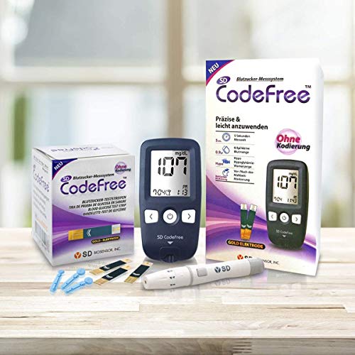 SD Codefree Glucometro Lector Medidor de niveles de glucosa y azucar en Sangre Kit de control de la Diabetes y la Glucemia en mg/dL (Oferta)