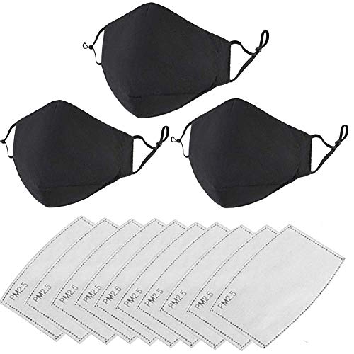 SepLee 3 protectores negro a la moda ΜαscariΙΙas, lavables y reutilizables, de algodón, transpirables, para exteriores, unisex, 10 filtros de carbón activado reemplazables