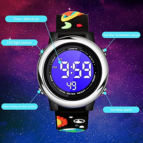 Set de 2 Relojes Digitales de Niños y Muñequera de Bofetadas de Silicona Negra Reloj Impermeable de Dibujos 3D Reloj Eléctrico LED Reloj de Pulsera Infantil de 7 Colores (Extraterrestre)