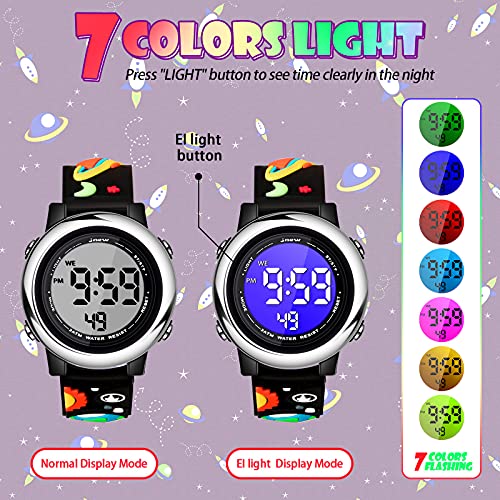 Set de 2 Relojes Digitales de Niños y Muñequera de Bofetadas de Silicona Negra Reloj Impermeable de Dibujos 3D Reloj Eléctrico LED Reloj de Pulsera Infantil de 7 Colores (Extraterrestre)