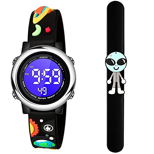 Set de 2 Relojes Digitales de Niños y Muñequera de Bofetadas de Silicona Negra Reloj Impermeable de Dibujos 3D Reloj Eléctrico LED Reloj de Pulsera Infantil de 7 Colores (Extraterrestre)