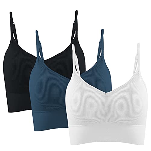 Sfit Sujetador Deportivo Mujer Camisola sin Costuras 2/3pack Almohadilla Desmontable Sujetador sin Espalda Baja en Forma de U Bandolera Ajustable Bra sin Aro(Negro + Blanco + Azul, M)