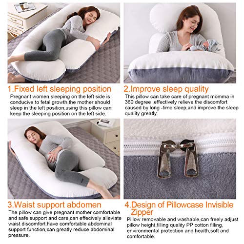 SHANNA Almohadas de Embarazo para Dormir,Almohada de Cuerpo Completo, actualización Grande en Forma de U y Soporte de Maternidad con Funda de Terciopelo reemplazable (Gris y Blanco -Terciopelo)