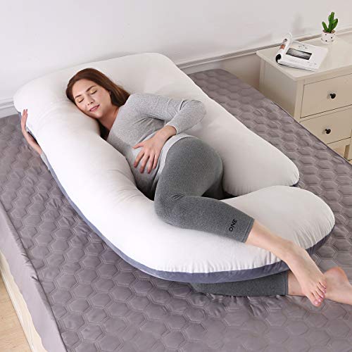 SHANNA Almohadas de Embarazo para Dormir,Almohada de Cuerpo Completo, actualización Grande en Forma de U y Soporte de Maternidad con Funda de Terciopelo reemplazable (Gris y Blanco -Terciopelo)