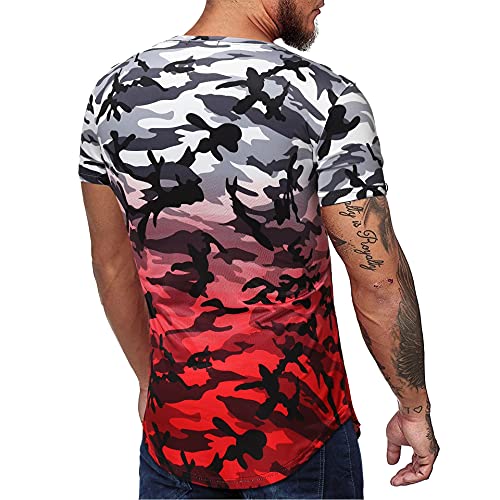 Shirt Deportiva Hombre Ajustada Cuello Redondo Verano Transpirable Hombre Shirt Estampado Camuflaje Gradiente Shirt Musculosa Manga Corta Moda Culturismo Elástico Hombre T-Shirt B-Red XL