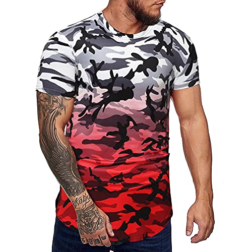 Shirt Deportiva Hombre Ajustada Cuello Redondo Verano Transpirable Hombre Shirt Estampado Camuflaje Gradiente Shirt Musculosa Manga Corta Moda Culturismo Elástico Hombre T-Shirt B-Red XL