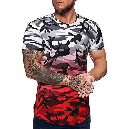 Shirt Deportiva Hombre Ajustada Cuello Redondo Verano Transpirable Hombre Shirt Estampado Camuflaje Gradiente Shirt Musculosa Manga Corta Moda Culturismo Elástico Hombre T-Shirt B-Red XL