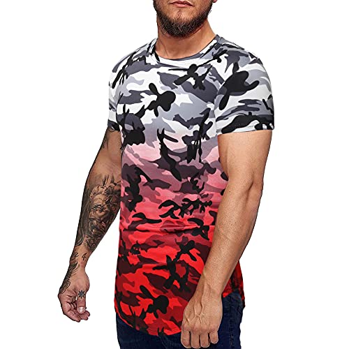 Shirt Deportiva Hombre Ajustada Cuello Redondo Verano Transpirable Hombre Shirt Estampado Camuflaje Gradiente Shirt Musculosa Manga Corta Moda Culturismo Elástico Hombre T-Shirt B-Red XL