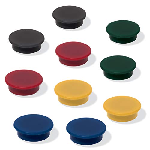 SIGEL MU197 Imanes para pizarras blancas, pizarras magnéticas, neveras, sujeción fuerte, colores surtidos (negro, rojo, amarillo, verde, azul), Ø 25 mm, 10 unidades.