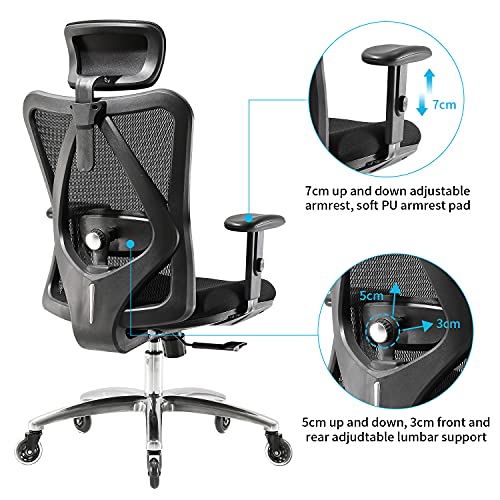 SIHOO Silla de Oficina ergonómica, Silla giratoria de Malla Transpirable, con Ruedas silenciosas Antideslizantes, Soporte Lumbar Ajustable, reposacabezas y apoyabrazos, Carga máxima 150 kg