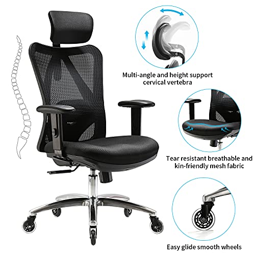 SIHOO Silla de Oficina ergonómica, Silla giratoria de Malla Transpirable, con Ruedas silenciosas Antideslizantes, Soporte Lumbar Ajustable, reposacabezas y apoyabrazos, Carga máxima 150 kg