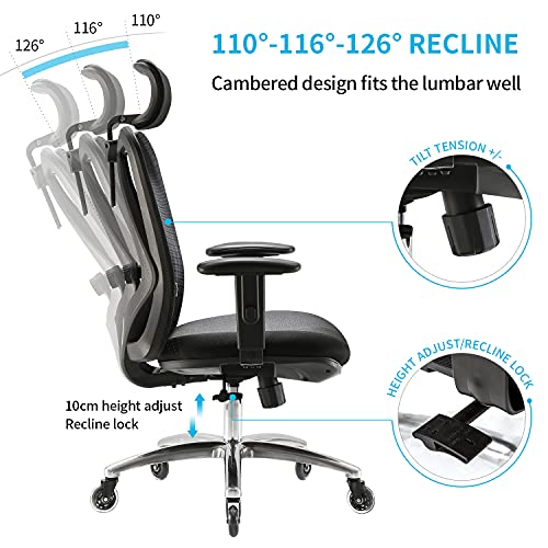 SIHOO Silla de Oficina ergonómica, Silla giratoria de Malla Transpirable, con Ruedas silenciosas Antideslizantes, Soporte Lumbar Ajustable, reposacabezas y apoyabrazos, Carga máxima 150 kg