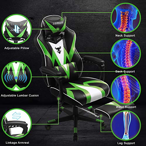 Silla de Juego Gaming para Adultos, Silla Gaming con Reposapiés, Silla Ergonómica Racing, Silla Gamer Grande e Alto, Masaje Silla Gaming, Silla Gaming Giratoria, Silla Gaming de Oficina (Verde)