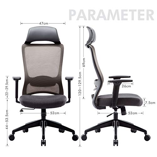 Silla de Oficina Ergonómica de Escritorio, con Reposacabezas, Apoyabrazos Ajustables y Soporte Lumbar, Malla Transpirable, Mecanismo de Inclinación y Altura Ajustable, para Hogar Oficina y Gaming