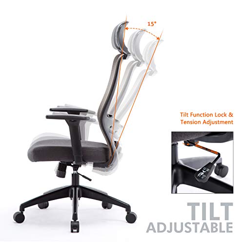 Silla de Oficina Ergonómica de Escritorio, con Reposacabezas, Apoyabrazos Ajustables y Soporte Lumbar, Malla Transpirable, Mecanismo de Inclinación y Altura Ajustable, para Hogar Oficina y Gaming