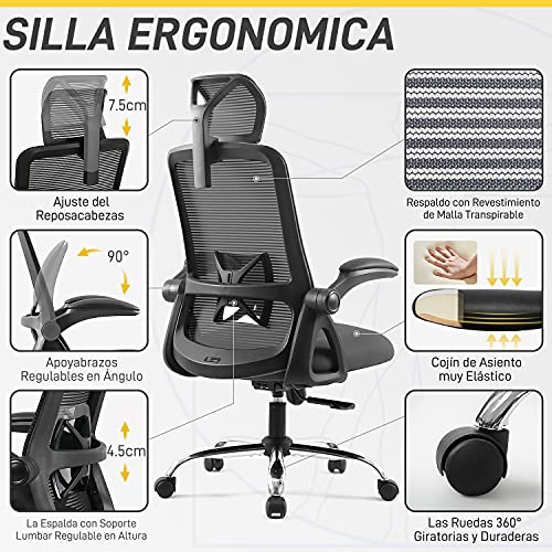 Silla de Oficina Ergonómica, EPLUS LIVING Silla Ergonómica Silla de Escritorio con Reposacabezas Ajustable y Apoyabrazos Giratorios de 90°, Silla con Soporte Lumbar, Carga máxima 150 kg, BIFMA y SGS