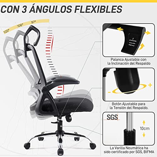 Silla de Oficina Ergonómica, EPLUS LIVING Silla Ergonómica Silla de Escritorio con Reposacabezas Ajustable y Apoyabrazos Giratorios de 90°, Silla con Soporte Lumbar, Carga máxima 150 kg, BIFMA y SGS