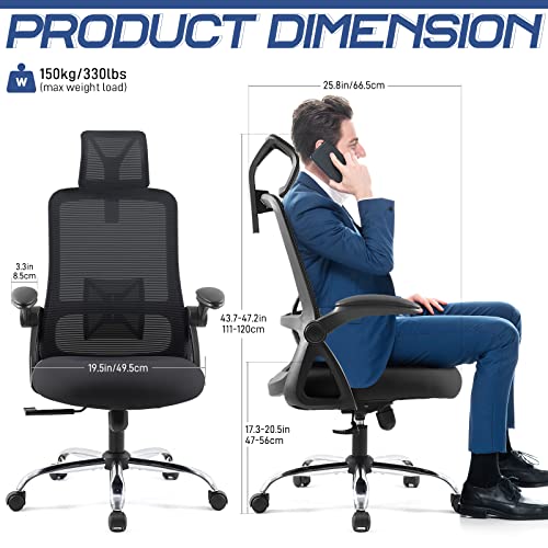 Silla de Oficina Ergonómica, EPLUS LIVING Silla Ergonómica Silla de Escritorio con Reposacabezas Ajustable y Apoyabrazos Giratorios de 90°, Silla con Soporte Lumbar, Carga máxima 150 kg, BIFMA y SGS