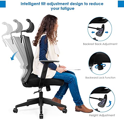 Silla de oficina Giratoria Silla de Escritorio ergonómica con reposacabezas ajustable, reposabrazos abatibles, función basculante, altura del asiento ajustable, 136 kg silla de red