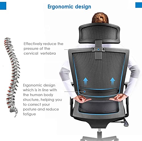 Silla de oficina Giratoria Silla de Escritorio ergonómica con reposacabezas ajustable, reposabrazos abatibles, función basculante, altura del asiento ajustable, 136 kg silla de red