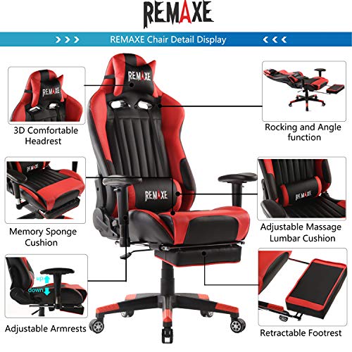 Silla ergonómica para juegos de PC, de cuero con respaldo alto. Silla de oficina para oficina, con extension, cojín para apoyar y reposapiés retráctil, silla para PC con soporte de masaje