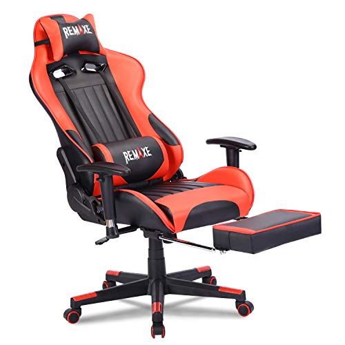 Silla ergonómica para juegos de PC, de cuero con respaldo alto. Silla de oficina para oficina, con extension, cojín para apoyar y reposapiés retráctil, silla para PC con soporte de masaje