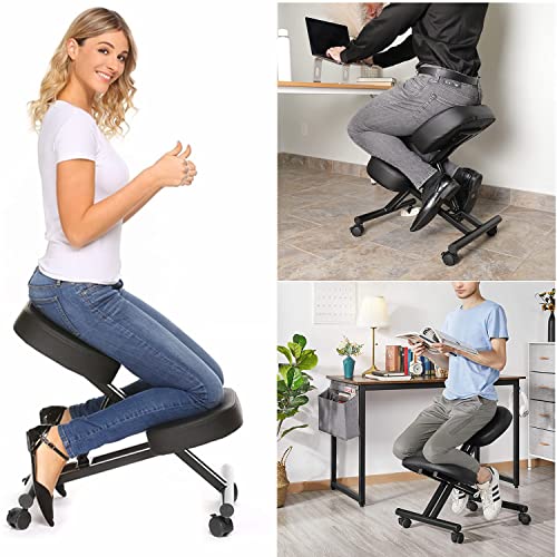 Silla Ergonómica para Rodillas, Silla Ergonomica De Rodillas, Sillas De Oficina con El Respaldo Ajustable, Multifuncional Taburete para La Rodilla, para Mejorar La Postura, Tela Negro