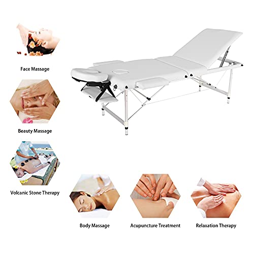 Sinbide Cama de Masaje con Funda para Transportar Plegable Mesa para Masaje con Respaldo Regulable para Reiki Fisioterapia Camilla de Masaje Portátil para Tatuaje de 3 Zonas Terapia Sofá (Blanco)