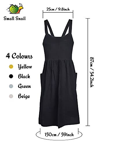 Small snail Color Sólido Algodón Lino Delantal con Bolsillos Grandes Estilo Japones Cabestro Vendaje Cruzado Delantales Literatura Babero Delantales Mujeres para Cocinar Jardinería Florería Negro