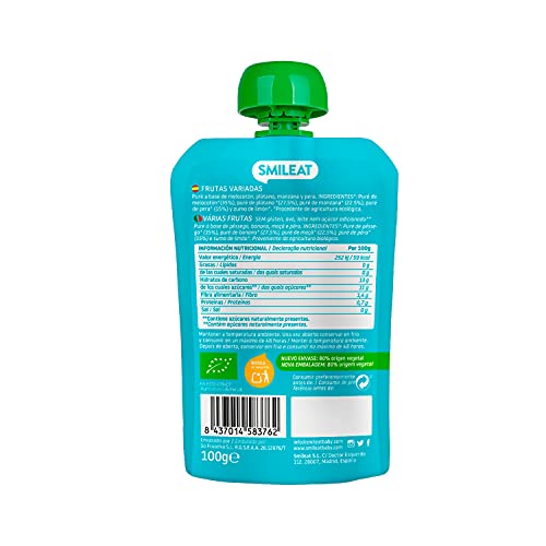 Smileat - Pouch de Fruta Variada Ecológica, Ingredientes Naturales Bebibles, Para Bebés a Partir de los 6 Meses - 100g