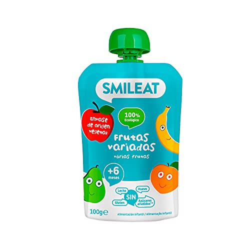 Smileat - Pouch de Fruta Variada Ecológica, Ingredientes Naturales Bebibles, Para Bebés a Partir de los 6 Meses - 100g