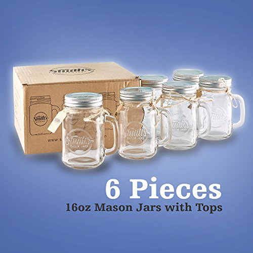 Smith Mason tarros de 6 x, Mason Jar tazas con tapa de rosca con junta de goma, making hermético y filtraciones de agua, también ideal para hacer de la noche la avena