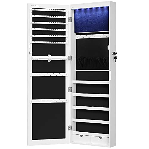 SONGMICS Espejo Joyero, Aramrio Joyero, 6 LEDs Gabinete de Joyería con Espejo, Montado a la Puerta o la Pared con Cerradura, Armario Organizador, con Espejo y 2 Cajones, Blanco JBC93W