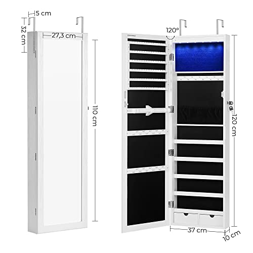 SONGMICS Espejo Joyero, Aramrio Joyero, 6 LEDs Gabinete de Joyería con Espejo, Montado a la Puerta o la Pared con Cerradura, Armario Organizador, con Espejo y 2 Cajones, Blanco JBC93W