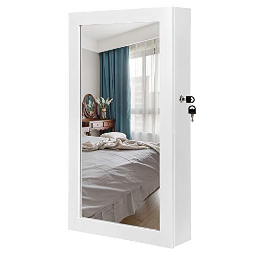 SONGMICS Espejo Joyero Colgante, Armario para Bisuterías Montado en Pared, con Imán y Llaves, Blanco JBC51W