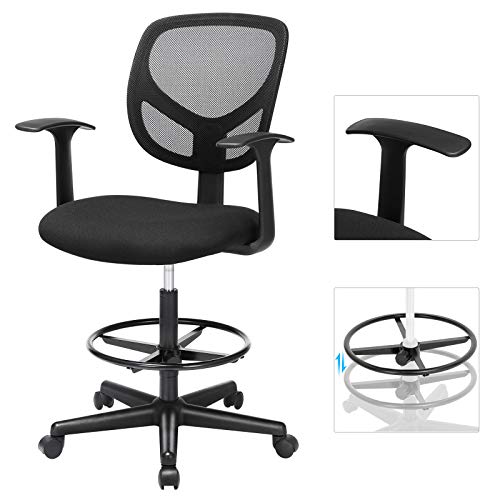 SONGMICS Silla con Reposabrazos, Silla de Oficina de Malla, Silla de Pintura Ergonómica con Reposapiés Regulable en Altura, Taburete Giratorio para Tareas de 360°, Negro OBN25BK