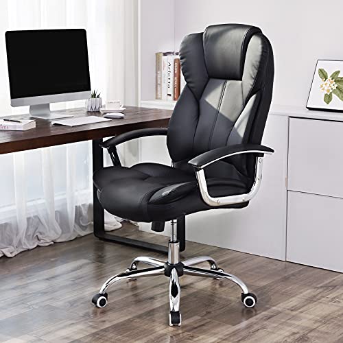 SONGMICS Silla de Oficina con Asiento Expandido, Silla ejecutiva con reposacabezas y conjín engrosados, Altura Ajustable, Diseño ergonómico, Negro OBG57B