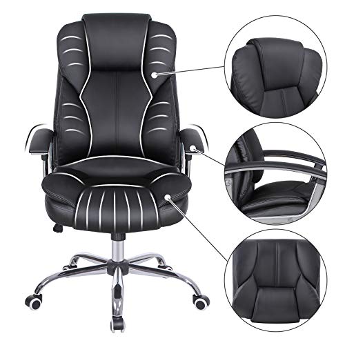 SONGMICS Silla de Oficina con Asiento Expandido, Silla ejecutiva con reposacabezas y conjín engrosados, Altura Ajustable, Diseño ergonómico, Negro OBG57B