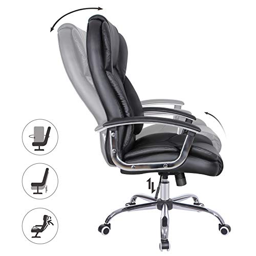 SONGMICS Silla de Oficina con Asiento Expandido, Silla ejecutiva con reposacabezas y conjín engrosados, Altura Ajustable, Diseño ergonómico, Negro OBG57B