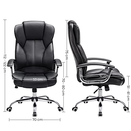 SONGMICS Silla de Oficina con Asiento Expandido, Silla ejecutiva con reposacabezas y conjín engrosados, Altura Ajustable, Diseño ergonómico, Negro OBG57B