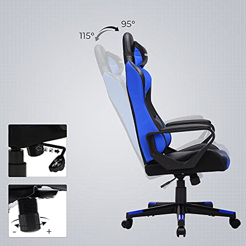 SONGMICS Silla gaming, Silla de oficina, Silla racing con soporte lumbar ajustable, Reposacabezas removible, Altura ajustable e inclinación libre, Carga de 150 kg, Ergonómica, Negro y Azul RCG011B02