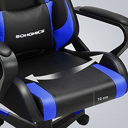 SONGMICS Silla gaming, Silla de oficina, Silla racing con soporte lumbar ajustable, Reposacabezas removible, Altura ajustable e inclinación libre, Carga de 150 kg, Ergonómica, Negro y Azul RCG011B02