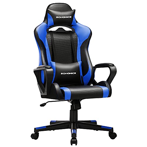 SONGMICS Silla gaming, Silla de oficina, Silla racing con soporte lumbar ajustable, Reposacabezas removible, Altura ajustable e inclinación libre, Carga de 150 kg, Ergonómica, Negro y Azul RCG011B02