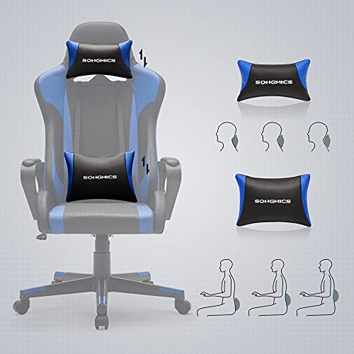 SONGMICS Silla gaming, Silla de oficina, Silla racing con soporte lumbar ajustable, Reposacabezas removible, Altura ajustable e inclinación libre, Carga de 150 kg, Ergonómica, Negro y Azul RCG011B02