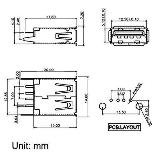 sourcing map PCB USB Conector Tipo-A Hembra Enchufe 4 Pasadores Vertical Recto Inserto 5uds