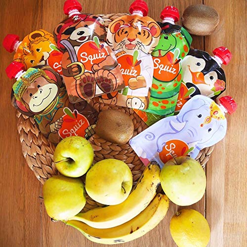 SQUIZ - 7 Bolsas de comida rellenables y reutilizables de 130ml para purés y batidos perfectas para niños, adolescentes y adultos // Libre de BPA – HECHO EN SUIZA